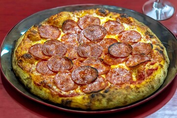 Pepperoni's true rustic pizza with sourdough mass fermented with Levain. A perfect vera pizza, perfect for advertising.