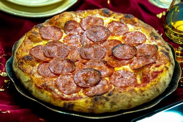 Pepperoni's true rustic pizza with sourdough mass fermented with Levain. A perfect vera pizza, perfect for advertising.