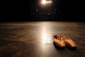 A pair of worn ballet shoes on an empty, dark stage with a spotlight
