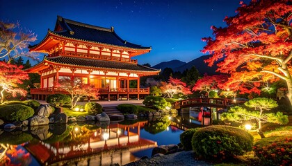 Fototapeta premium Nightfall at a Japanese temple garden