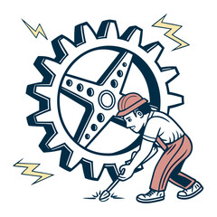 Mechanic working on large cogwheel with electricity