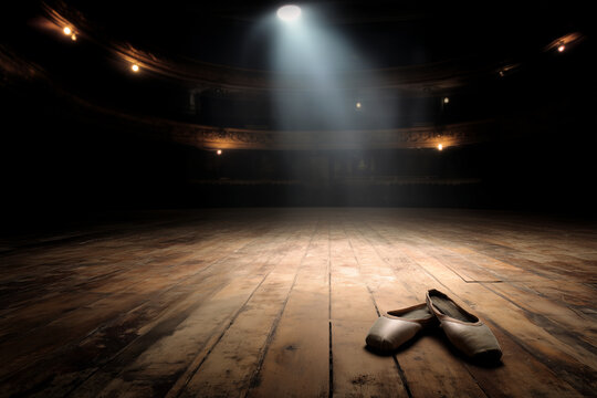 Worn ballet pointe shoes on an empty theater stage under a spotlight