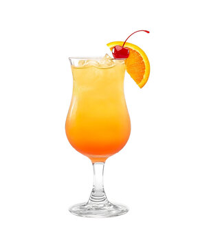 Sex on the Beach cocktail with orange slice garnish transparent PNG isolated background. Mixology, bar menu, colorful vibrant refreshing drink in poco grande glass