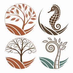 Organic nature and sea life icons seahorse tree