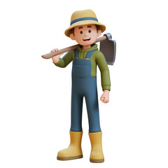 3D young farmer character standing confident with a hoe on shoulder