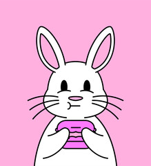 White bunny holding and nibbling a pink macaron with a curious expression cartoon illustration for kids' products and kawaii-themed merchandise