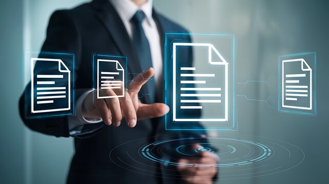 Businessman touching digital document interface with data flow