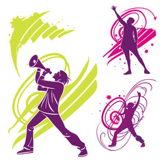 Purple and pink figures with abstract shapes illustration