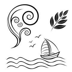 Fototapeta premium Sailboat with swirling waves and leaves birds nature