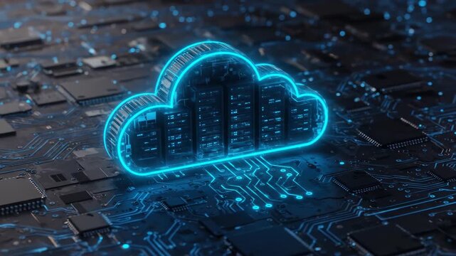 Glowing blue cloud server symbol rests atop a dark circuit board, signifying digital data storage and processing via cloud computing