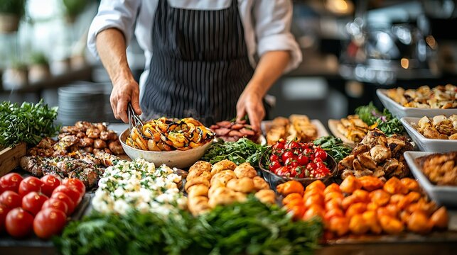 Fototapeta Spanish street food vendor arranging buffet