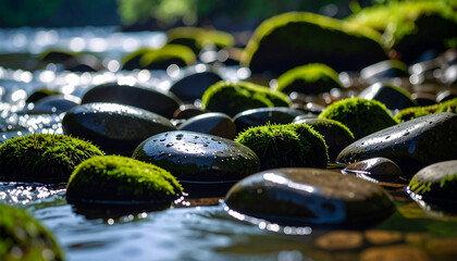 Mossy rocks river stream nature background scenery