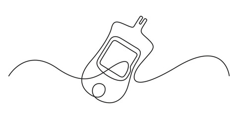 Continuous one line drawing of a glucometer for monitoring blood sugar. Minimal vector drawing of a single line of medical equipment for diabetes treatment. World Diabetes Day. Vector illustration