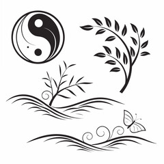 Yin Yang symbol with floral elements and butterfly
