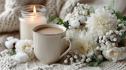 Warm beverage and floral arrangement on a knitted blanket.