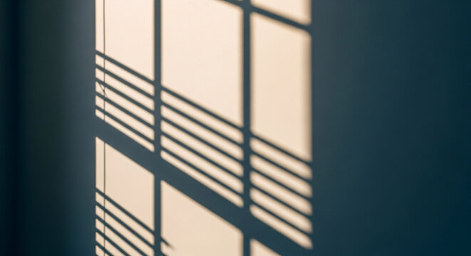 The shadow of a window with horizontal blinds casts a pattern on a wall. - Powered by Adobe