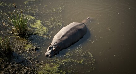 Fototapeta premium hipopotamo | A serene view of a hippo swimming in a murky river, surrounded by lush greenery and aquatic plants, showcasing the tranquility of wildlife in its natural habitat