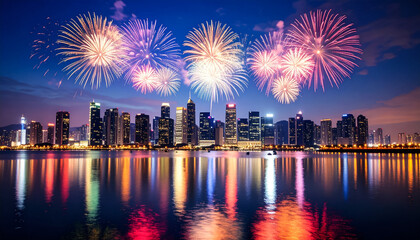 City skyline fireworks celebration night cityscape