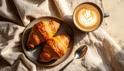 Croissant and coffee latte art breakfast morning