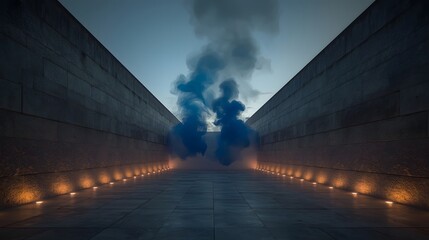 Mysterious cloud of blue smoke rises in a narrow, modern architectural corridor at dusk, illuminated by ambient lights, evoking surreal atmosphere and artistic visual tension