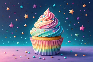Pastel frosted cupcake with sprinkles and star decorations on a purple background