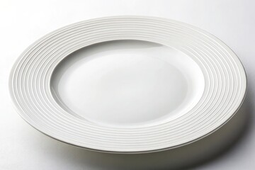 White round plate with textured rim minimalist design clean tableware isolated on white background