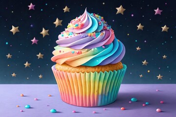 Colorful pastel cupcake with rainbow frosting sprinkles and star background on purple surface