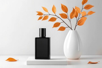 Black perfume bottle on white platform with orange leaves in white vase minimalist composition