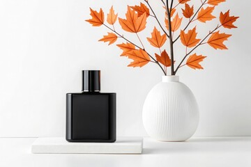 Black perfume bottle on white stand with white vase and orange autumn leaves against white