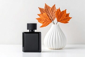Black perfume bottle white vase with orange autumn leaves on white surface fragrance