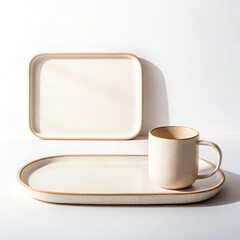 Beige ceramic mug and trays on white surface minimalist tableware still life composition
