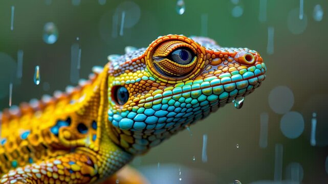 Vibrant lizard glistens with colorful scales and raindrops, showcasing natures beauty in lush rainforest teeming with wildlife