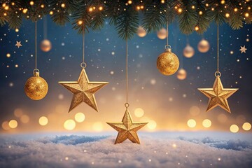 Golden Christmas ornaments and stars hanging with bokeh lights and snow against a blue background