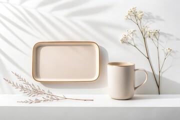 Beige ceramic tray and mug with dried flowers on a white surface with palm leaf shadows