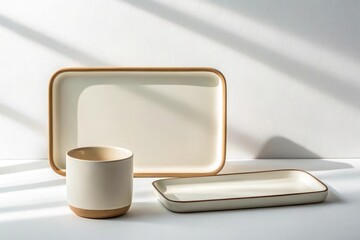 Ceramic mug and trays with wooden trim on white surface with shadows minimalist composition