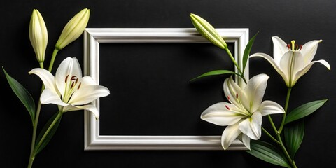 White lilies and frame on black background floral arrangement with copy space lily