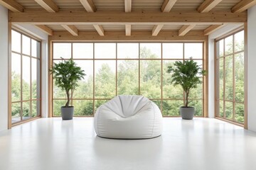 Spacious minimalist loft interior with large windows beanbag chair and potted trees