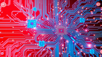 Red circuit board background features tech design. Digital illustration shows visual graphic, high tech element, futuristic electronic network and datum connections. Cyber technically abstract art