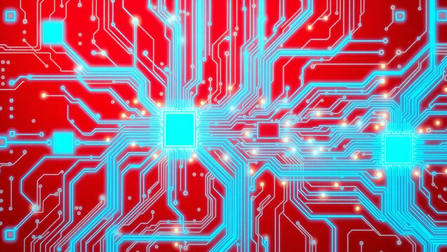 Red circuit board background features tech design. Digital illustration shows visual graphic, high tech element, futuristic electronic network and datum connections. Cyber technically abstract art