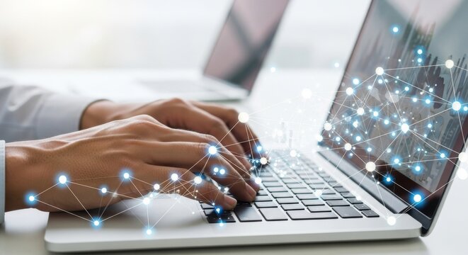 Closeup of a persons hands typing on a laptop, with glowing data visualizations and network connections overlaid on the screen