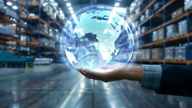 Business man and global logistics network distribution and transportation, Smart logistics, Innovation future of transportation on large warehouse center 

