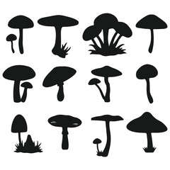 Black and white nature and home icon set with trees and mushrooms