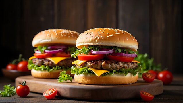 Two Delicious Burgers Ready to Eat with Fresh Ingredients on a Wood Plate, Mouthwatering Cheeseburgers With Tomatoes And Red Onions Ready to Be Served - Powered by Adobe