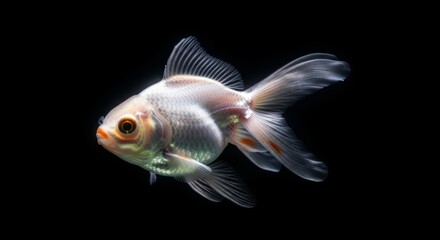 Obraz premium A beautiful white and orange goldfish swims gracefully in clear water against a dark background
