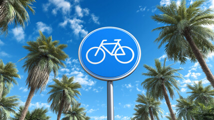  Bicycle lane sign with palm trees and blue sky | Tropical transportation concept