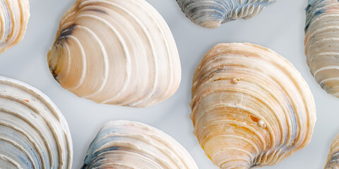 Minimal aesthetic banner with pattern Shells of mollusk blue beige color on blue. Natural oceanic seashells, sea life design wallpaper, summer backdrop. Marine, nautical style concept, pastel tones