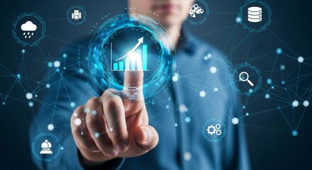 A businessman touches a futuristic digital interface displaying a growing bar chart and network connections