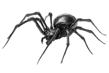 Glossy Black Spider Crawling Towards Viewer, Low-Angle Front Perspective, Transparent Background PNG