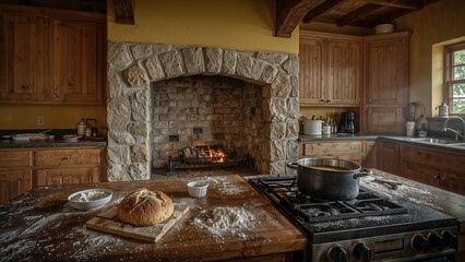 Rustic Kitchen with Fireplace, Freshly Baked Bread, and Cooking Pot on Stove