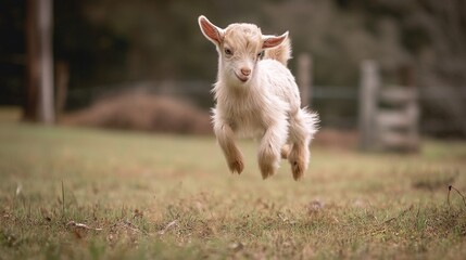 Fototapeta premium Playful Baby Goat Jumping in Meadow